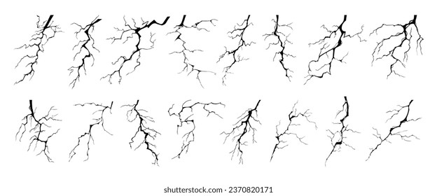 Lightning strike bolt silhouettes vector illustration set. Black thunderbolts and zippers are natural phenomena isolated on a white background. Thunderstorm electric effect of light and shining flash.