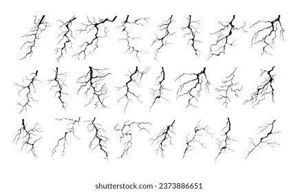 Juego de ilustración vectorial de siluetas de perno de asalto relámpago. Tornillos y cremalleras negros son fenómenos naturales aislados en un fondo blanco. Efecto eléctrico de tormenta eléctrica de luz y relámpago.