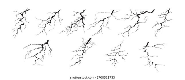 Conjunto de ilustração de vetor de silhuetas de raio. Raios pretos e zíperes são fenômenos naturais isolados em um fundo branco. Trovoada efeito elétrico da luz e flash brilhante.