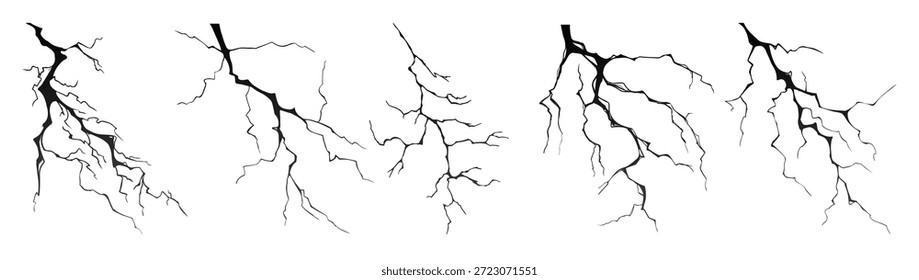Conjunto de ilustração de vetor de silhuetas de raio. Raios pretos e zíperes são fenômenos naturais isolados em um fundo branco. Trovoada efeito elétrico da luz e flash brilhante.