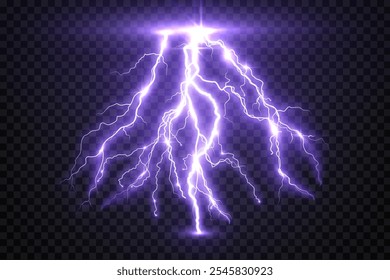 lightning strike, bright realistic lightning effect with flash and glow on isolated background