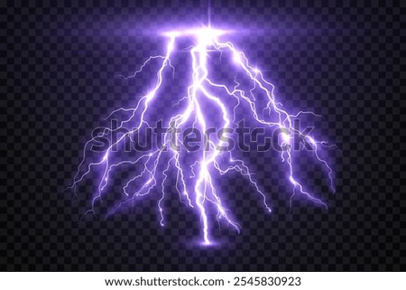 lightning strike, bright realistic lightning effect with flash and glow on isolated background