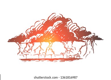 Lightning, strike, cloud, storm, thunderstorm concept. Hand drawn lightning strikes in time of thunderstorm concept sketch. Isolated vector illustration.