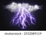 lightning strike and clouds, bright realistic lightning effect in a storm with flash and glow on isolated background