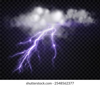 lightning strike and clouds, bright realistic lightning effect in a storm with flash and glow on isolated background