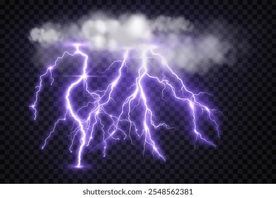 lightning strike and clouds, bright realistic lightning effect in a storm with flash and glow on isolated background