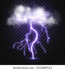 lightning strike and clouds, bright realistic lightning effect in a storm with flash and glow on isolated background