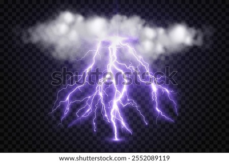 lightning strike and clouds, bright realistic lightning effect in a storm with flash and glow on isolated background