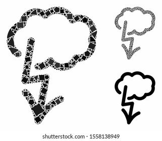 Lightning strike composition of inequal parts in different sizes and color tones, based on lightning strike icon. Vector tuberous dots are grouped into composition.