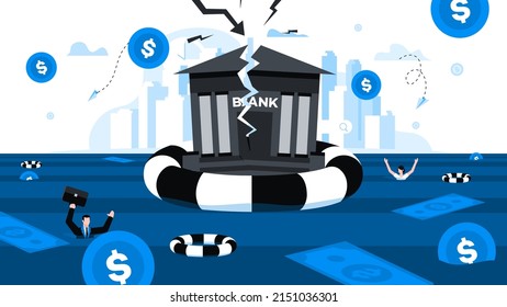 Blitzschlag zerstört die in Rettungsleine schwimmende Bank. Fallendes Geld. Animation bereit duik-freundliche Vektorgrafik. Konzeptgeschäftliche Geschichte. Finanzkrise, wirtschaftliche Rezession, Bankrott, Depression.