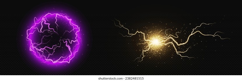 Efectos de ataque relámpago aislados en un fondo transparente. Ilustración vectorial realista de la linterna de energía eléctrica, redonda y abstracta de color púrpura y amarillo, golpe mágico, impacto de tormenta