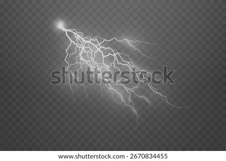 Lightning strike with electric bolt and bright thunder flash on transparent background featuring stormy sky explosion energy discharge and realistic weather illustration with glowing spark