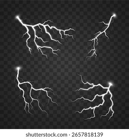 Golpe de raio com flash elétrico e raio em explosão de flash de céu escuro tempestade de energia brilhante tempestade de crack noite carga de chuva faísca tensão choque modelo de efeito isolado

