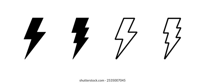 Ícone de raio. Símbolo de raio. Ilustração do vetor de flash de tempestade com trovoadas. Sinal de alta tensão. Pictograma de energia elétrica e potência. Glifo de carga. Conceito de velocidade isolada.