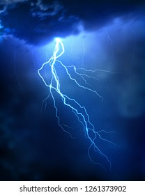 Lightning strike on the dark cloudy sky. Realistic vector illustration