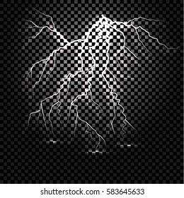 A lightning strike on a transparent background, sparkling natural phenomenon, element, electric discharge. Vector illustration.