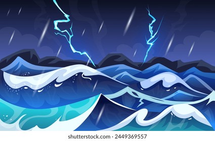 Blitzschlag. Meereslandschaft. Meereswellen. Donnerschlag-Effekt von schlagendem Wasser. Elektrischer Angriff. Himmelsblitz. Gewitter und Meereslandschaft. In: Thunder Light Animation Storm. Vektorgrafik aufgeräumt Spiel Cartoon Hintergrund