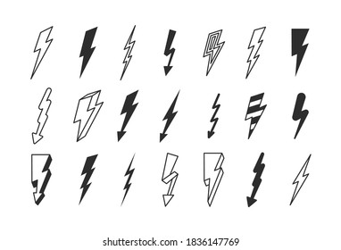 Lightning strike set. Flashes powerful in dark thunderstorm with dangerous thunderbolt charges graphic high voltage warning risk life stylish electronic logos zigzag signs. Vector silhouette.