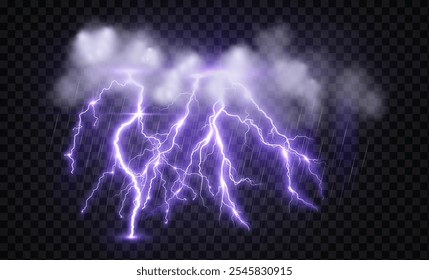 lightning strike in storm and rainy clouds, bright realistic lightning effect with flash and glow on isolated background