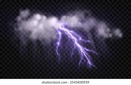 Blitzschlag im Sturm und regnerischen Wolken, heller realistischer Blitzeffekt mit Blitz und Glanz auf isoliertem Hintergrund
