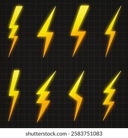 Lightning strike and thunderbolt icons collection in yellow color isolated on black background. Set of storm and elecrtic voltage design for energy icon, power, plant. Editable and scalable vector. 