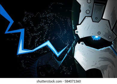 Lightning strike.Iron skull.Detailed robot eyes.Cyborg.Blue background.Detailed