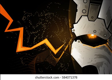 Lightning strike.Iron skull.Detailed robot eyes.Cyborg.Yellow background.Detailed