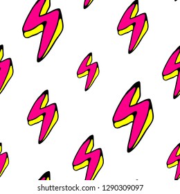 Lightning strikes, bolts seamless pattern in retro cartoon 80s style. Thunder lights wallpaper. White background.