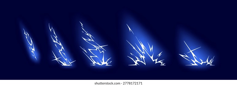 Lightning strikes effect set. Thunderbolt with blue sparks. Animation of thunderstorm with bright flashes of light. Electrical energy. Bursts of power, thunder bolt. Flat isolated vector illustrations