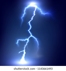 Lightning strikes the ground. Electric light thunder spark. Realistic lightning on dark background. Vector illustration