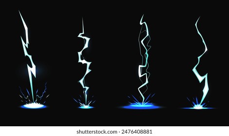 Lightning strikes ground. Thunder with sparks hit effects. Electric power energy. Game magic attack. Thunderstorm glow. Electricity impact. Cartoon thunderbolt dazzle