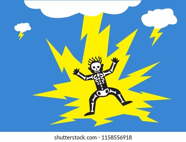 Lightning Strikes Man. Editable Clip Art.