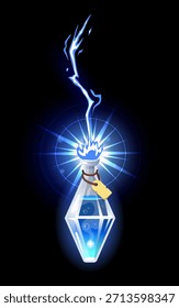 Raio atinge garrafa de poção. Frasco de vidro para bebidas energéticas. Elixir mágico. Trovão acertado. Frasco de bebida de fantasia. Brilho mágico da tempestade de trovoadas. Impacto da eletricidade. Alquimia de bruxas. Objeto de feitiçaria de vetor