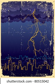 Lightning strikes and rain in big city.Grunge image on old paper