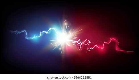 Lightning strikes red bolt vs blue light. Vector isolated realistic thunderbolt with sparks and trail ray. Fight or battle, versus explosion or energy force. Electrical discharge and flashes