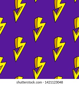 Lightning strikes seamless pattern. Thunder lights wallpaper. Purple background.