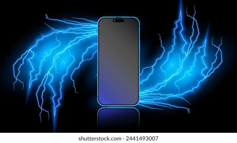 Lightning strikes a smartphone. Glowing blue lightning bolt with thunder, thunderstorm, and thunderbolt. Cellphone illuminates with electric flashes and lightning sparks and energy discharge. Vector.