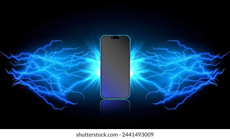 Lightning strikes a smartphone. Glowing blue lightning bolt with thunder, thunderstorm, and thunderbolt. Cellphone illuminates with electric flashes and lightning sparks and energy discharge. Vector.