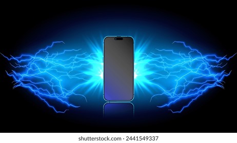 Lightning strikes a smartphone. Glowing blue lightning bolt with thunder, thunderstorm, and thunderbolt. Cellphone illuminates with electric flashes and lightning sparks and energy discharge. Vector.