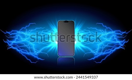 Lightning strikes a smartphone. Glowing blue lightning bolt with thunder, thunderstorm, and thunderbolt. Cellphone illuminates with electric flashes and lightning sparks and energy discharge. Vector.