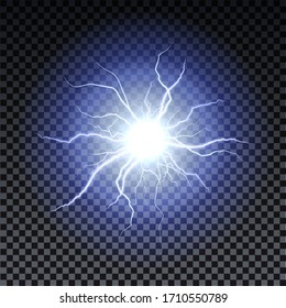 Lightning Strikes And Sparks, Electrical Energy On Transparent Background. Lightning Flash And Spark. Vector Neural Cells System