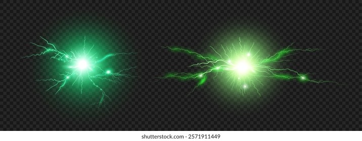 Lightning strikes and sparks, electrical energy realistic effect. Vector isolated set of bolts, sphere balls with powerful force and high voltage discharge. Thunderbolt burst or plasmic strike