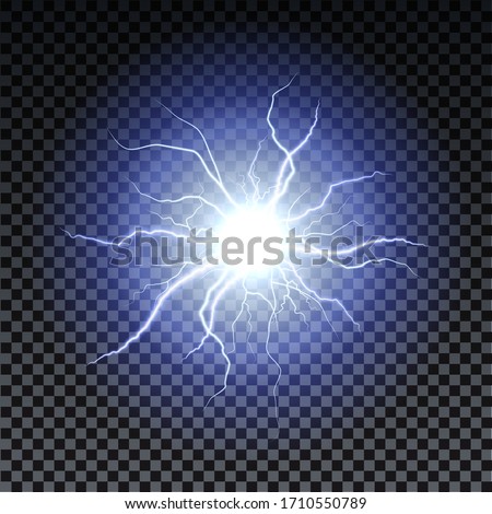Lightning strikes and sparks, electrical energy on transparent background. Lightning flash and spark. Vector neural cells system