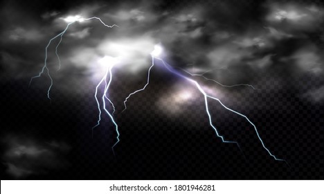 Lightning strikes and thundercloud, electric discharge and storm cloud, impact place or magical energy flash. Meteorology thunderbolt realistic 3d vector impulse isolated on transparent background