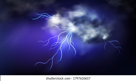 Lightning strikes and thundercloud, impact place or magical powerful energy flash. Thunderbolt electrical discharge and storm cloud, realistic 3d vector powerful impulse isolated on blue background