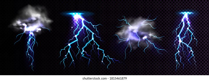 Lightning strikes and thundercloud, impact place or magical powerful energy flash in blue color. Thunderbolt electrical discharge, realistic 3d vector set isolated on black and transparent background