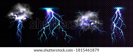 Lightning strikes and thundercloud, impact place or magical powerful energy flash in blue color. Thunderbolt electrical discharge, realistic 3d vector set isolated on black and transparent background
