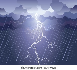 Lightning strike.Vector rain image with dark clouds