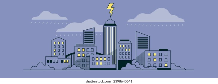 Un rayo cayó sobre un rascacielos. Tormenta eléctrica en una gran ciudad. El clima lluvioso en la ciudad por la noche. Ilustración vectorial en estilo plano. Pancarta horizontal minimalista. Encabezado del sitio.