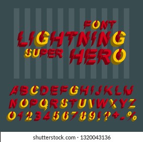 Lightning Super hero font. 3D alphabet letters and numbers in a comics style.